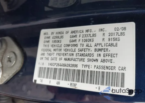 2008 Honda Accord 2.4 Lx-P z USA, uszkodzony, nr VIN 1HGCP26448A092896